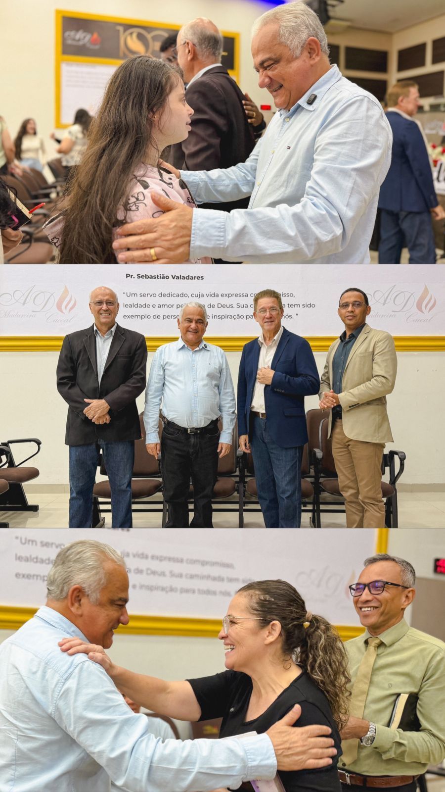 Pastor Valadares recebendo carinho e homenagem da comunidade da igreja